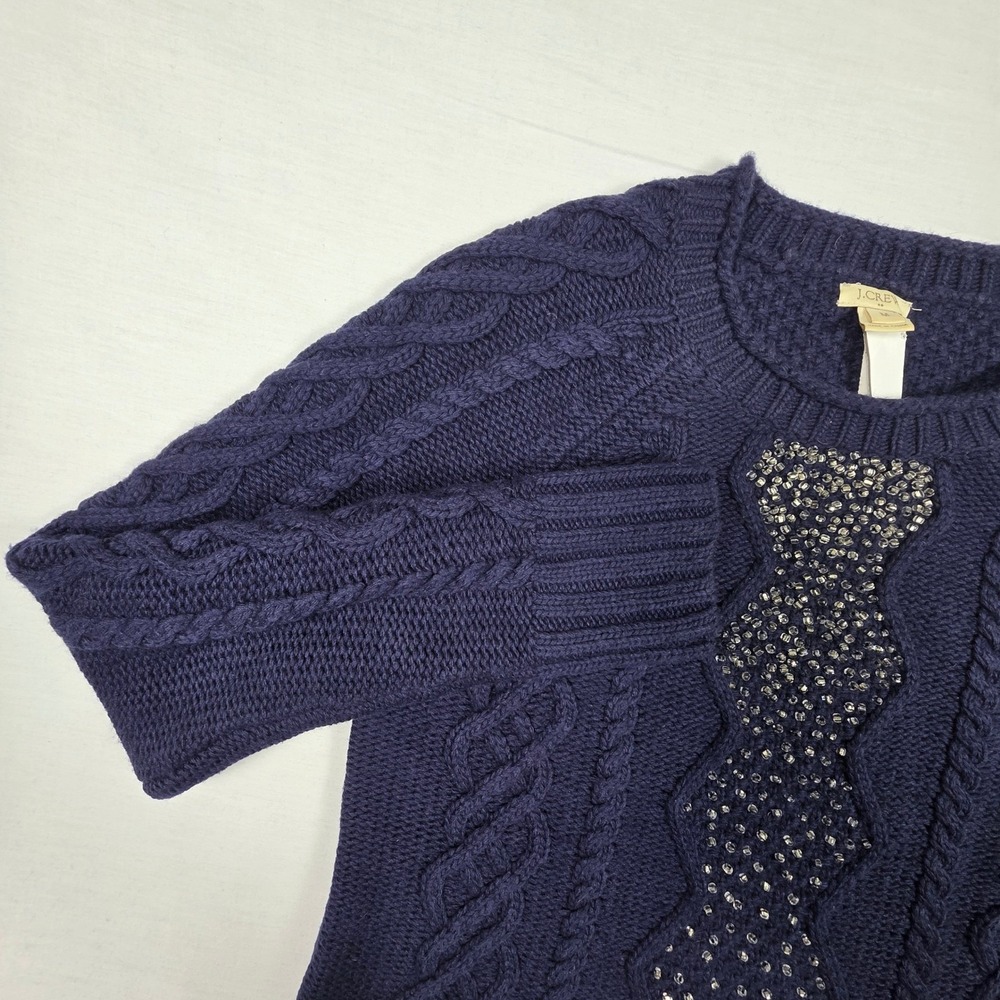 J.Crew Factory Sweater Womens‎ Medium Merino Wool Navy Blue Beaded Cable Knit - Picture 4 of 16